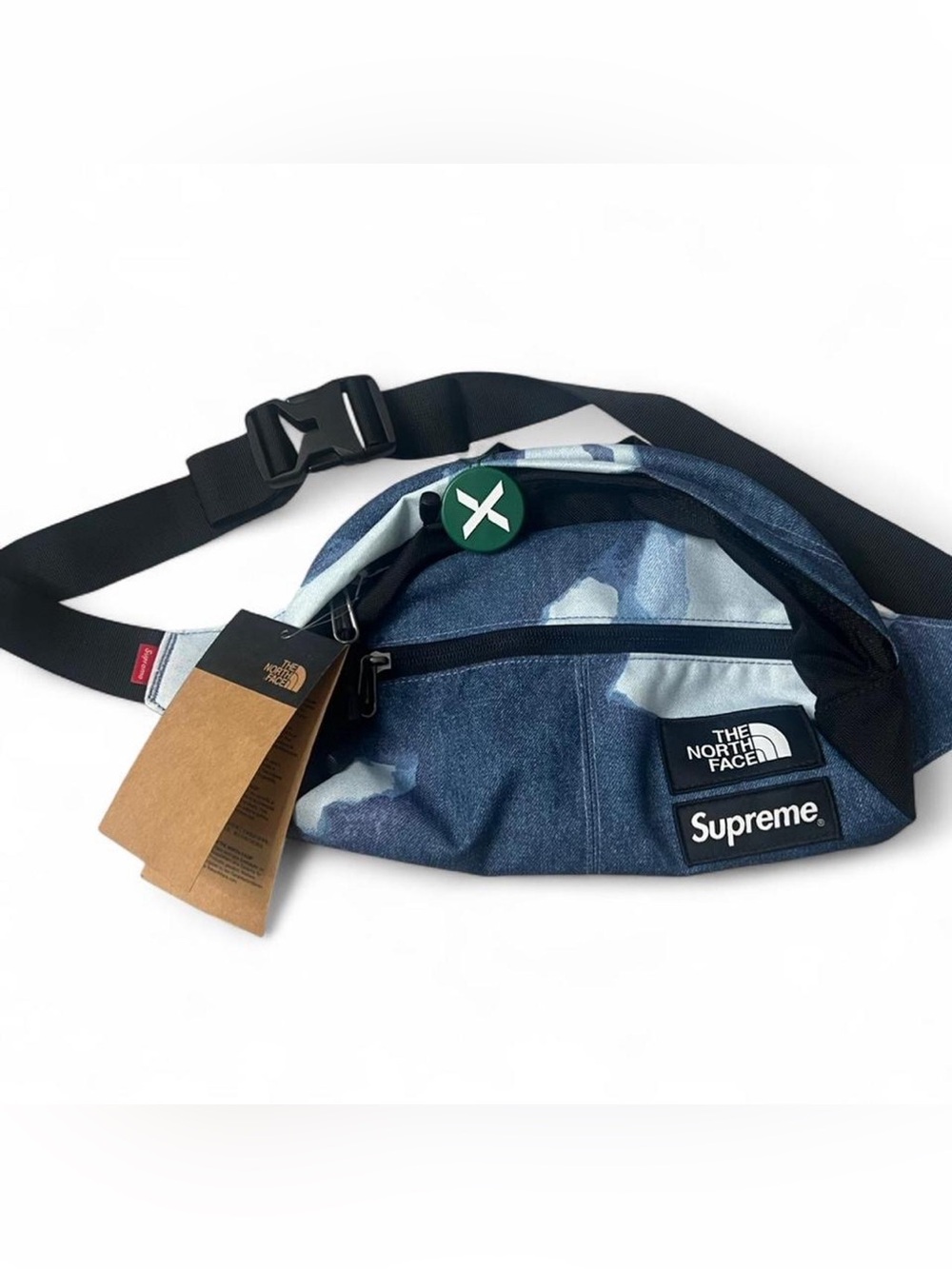 The North Face x Supreme Collab Bleached Denim Print Roo II Indigo Waist Bag